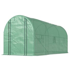 Outsunny Hoop House Greenhouse, Walk-in Tunnel Greenhouse with 2 Support Rods, Zippered Roll-up Mesh Door, 14.6'x6.5'x6.6', Green