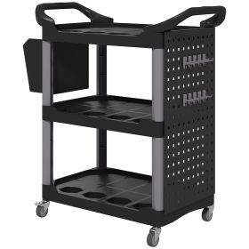 HOMCOM 3-Tier Rolling Tool Cart, 200 LBS Capacity Plastic Utility Cart with Side Shelf and Bucket, Black and Light Gray